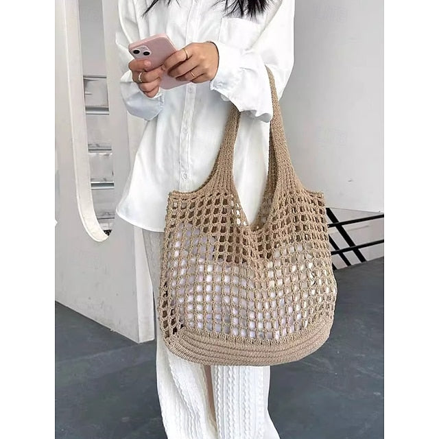 Handgemaakte Gehaakte Net Tote Tas – Lichtgewicht & Milieuvriendelijke Strand Schoudertas, Boho Stijl, Herbruikbare Boodschappentas voor Vrouwen, Zomervakantie & Dagelijks Gebruik