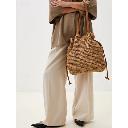 Handgeweven Stro Emmertas – Boho Trekkoord Schoudertas, Lichtgewicht Zomerse Strandhandtas voor Dames, Casual Vakantie- & Reistasje Kleur Beige Koffie