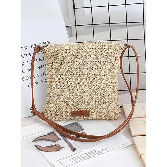 Handgeweven Stro Crossbody Tas voor Dames – Boho Rieten Schoudertas met Verstelbare Band, Lichtgewicht Zomerse Strandtas voor Vakantie, Reizen & Casual Uitjes, Legergroen Bruin Kaki