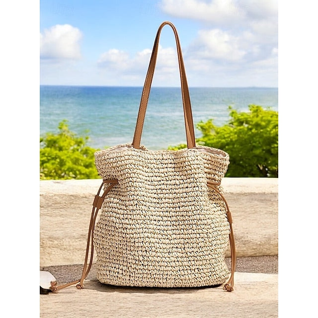 Handgeweven Stro Emmertas – Boho Trekkoord Schoudertas, Lichtgewicht Zomerse Strandhandtas voor Dames, Casual Vakantie- & Reistasje Kleur Beige Koffie