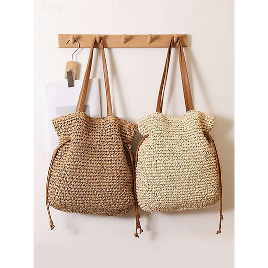 Handgeweven Stro Emmertas – Boho Trekkoord Schoudertas, Lichtgewicht Zomerse Strandhandtas voor Dames, Casual Vakantie- & Reistasje Kleur Beige Koffie