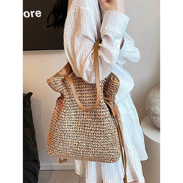 Handgeweven Stro Emmertas – Boho Trekkoord Schoudertas, Lichtgewicht Zomerse Strandhandtas voor Dames, Casual Vakantie- & Reistasje Kleur Beige Koffie