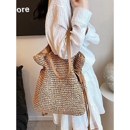 Handgeweven Stro Emmertas – Boho Trekkoord Schoudertas, Lichtgewicht Zomerse Strandhandtas voor Dames, Casual Vakantie- & Reistasje Kleur Beige Koffie