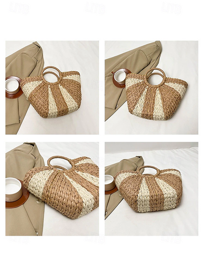 Dames Stijlvolle Geweven Stro Strandtas met Ronde Handvatten, Grote Capaciteit, Milieuvriendelijk Boho Design, Perfect voor Zomer, Vakanties en Dagtochten