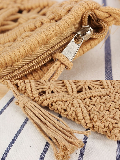 Dames Handgeweven Boho Crossbody Tas – Vintage Macramé Schoudertas met Kwastje voor Strandvakanties en Casual Outfits Kleur Zwart Wit Roze