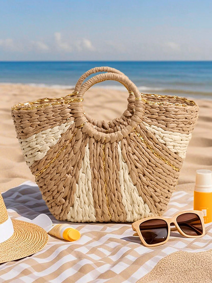 Dames Stijlvolle Geweven Stro Strandtas met Ronde Handvatten, Grote Capaciteit, Milieuvriendelijk Boho Design, Perfect voor Zomer, Vakanties en Dagtochten