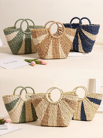Dames Stijlvolle Geweven Stro Strandtas met Ronde Handvatten, Grote Capaciteit, Milieuvriendelijk Boho Design, Perfect voor Zomer, Vakanties en Dagtochten