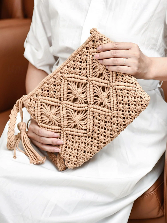 Dames Handgeweven Boho Crossbody Tas – Vintage Macramé Schoudertas met Kwastje voor Strandvakanties en Casual Outfits Kleur Zwart Wit Roze