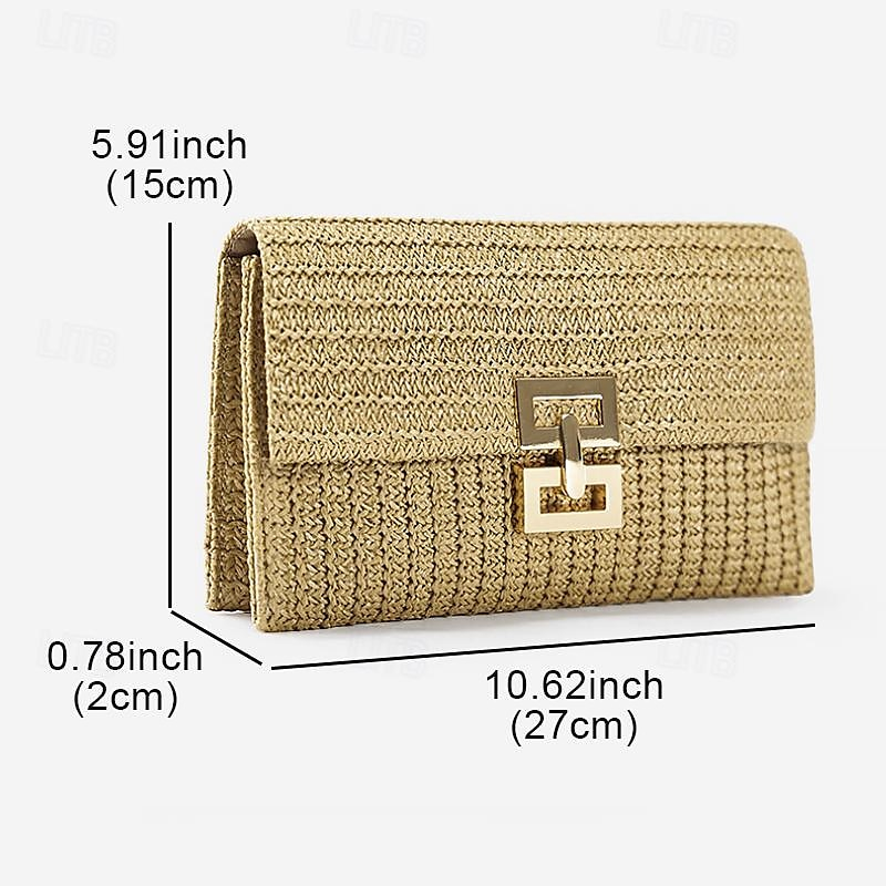 Dames Elegante Gouden Stro Clutch met Designer-Stijl Sluiting – Perfect voor Avondevenementen