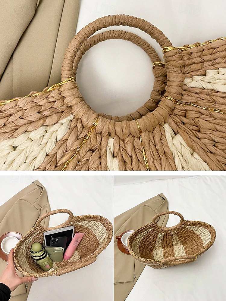 Dames Stijlvolle Geweven Stro Strandtas met Ronde Handvatten, Grote Capaciteit, Milieuvriendelijk Boho Design, Perfect voor Zomer, Vakanties en Dagtochten